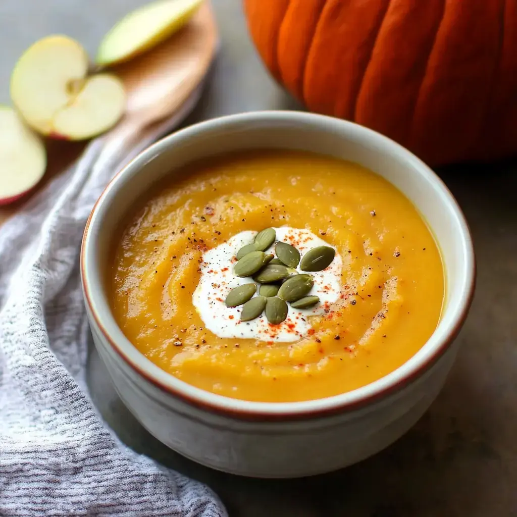 Bowl of luscious pumpkin soup garnished with sour cream, seeds, and a dusting of spices. There are apple slices and a pumpkin in the background.
