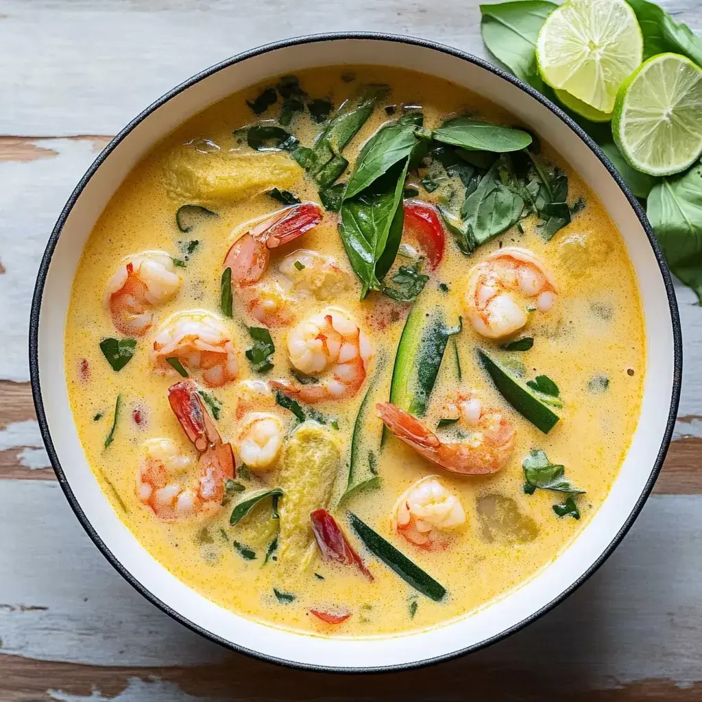 A bowl of creamy shrimp soup bursting with fresh greens and herbs, served with wedges of lime.