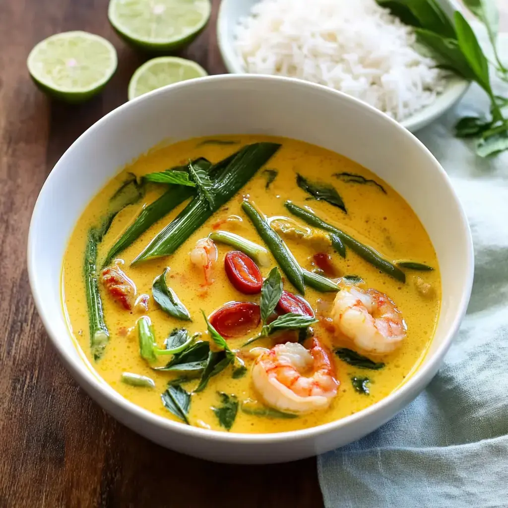 A creamy shrimp soup loaded with green beans, cherry tomatoes, and herbs, plus fresh lime and a bowl of rice on the side.