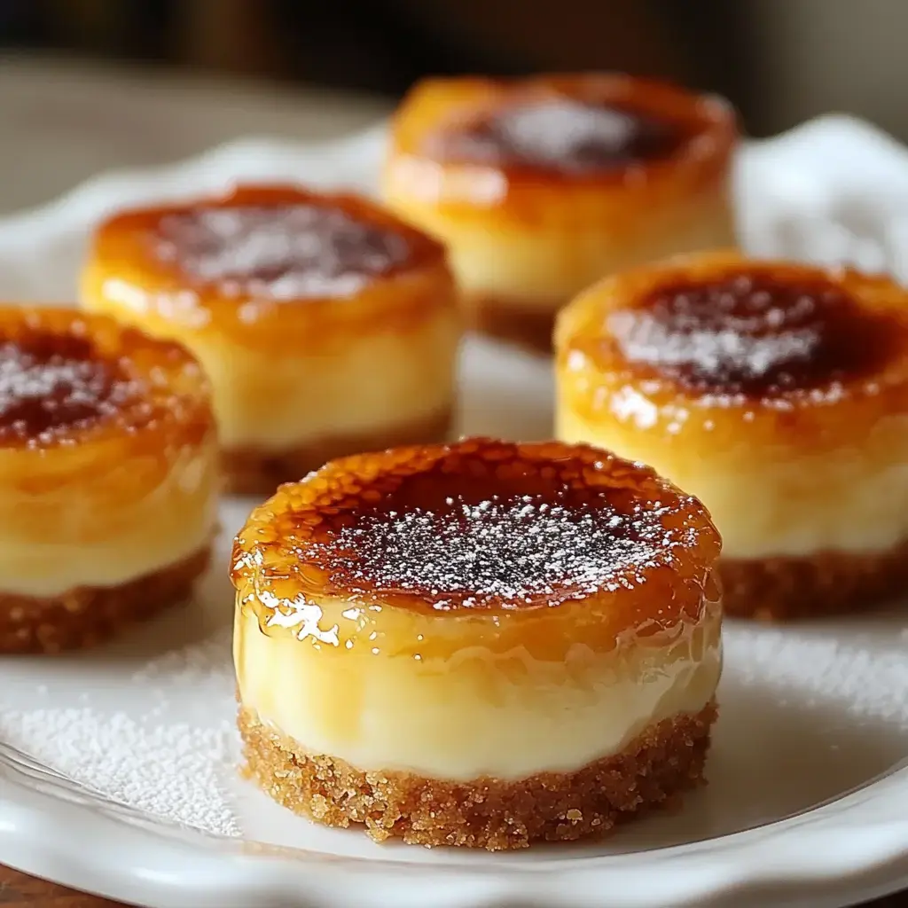 A plate with bite-sized caramel flan-style sweets. They’ve got a shiny sugar layer on top and a dusting of powdered sugar.