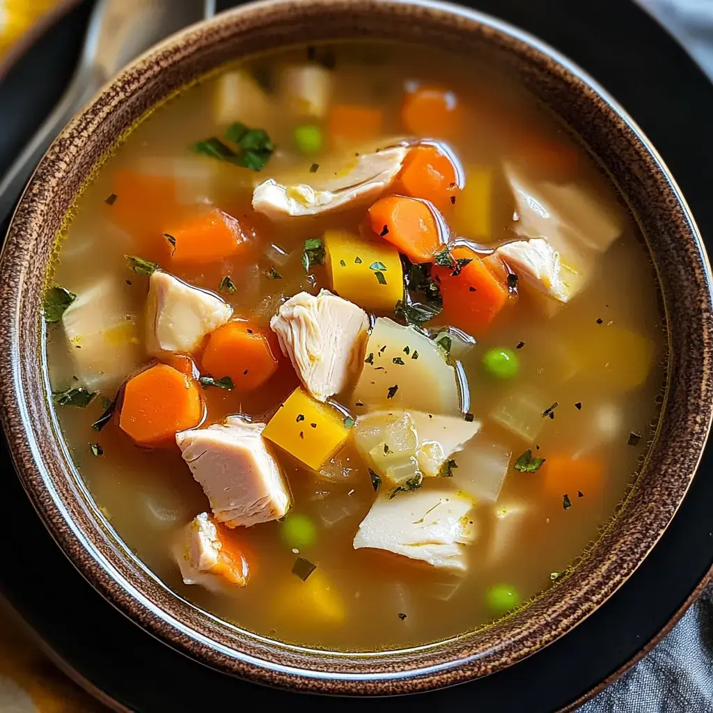 Steaming bowl with chunky chicken, carrots, peas, herbs, and broth. Pure comfort food for cold days.