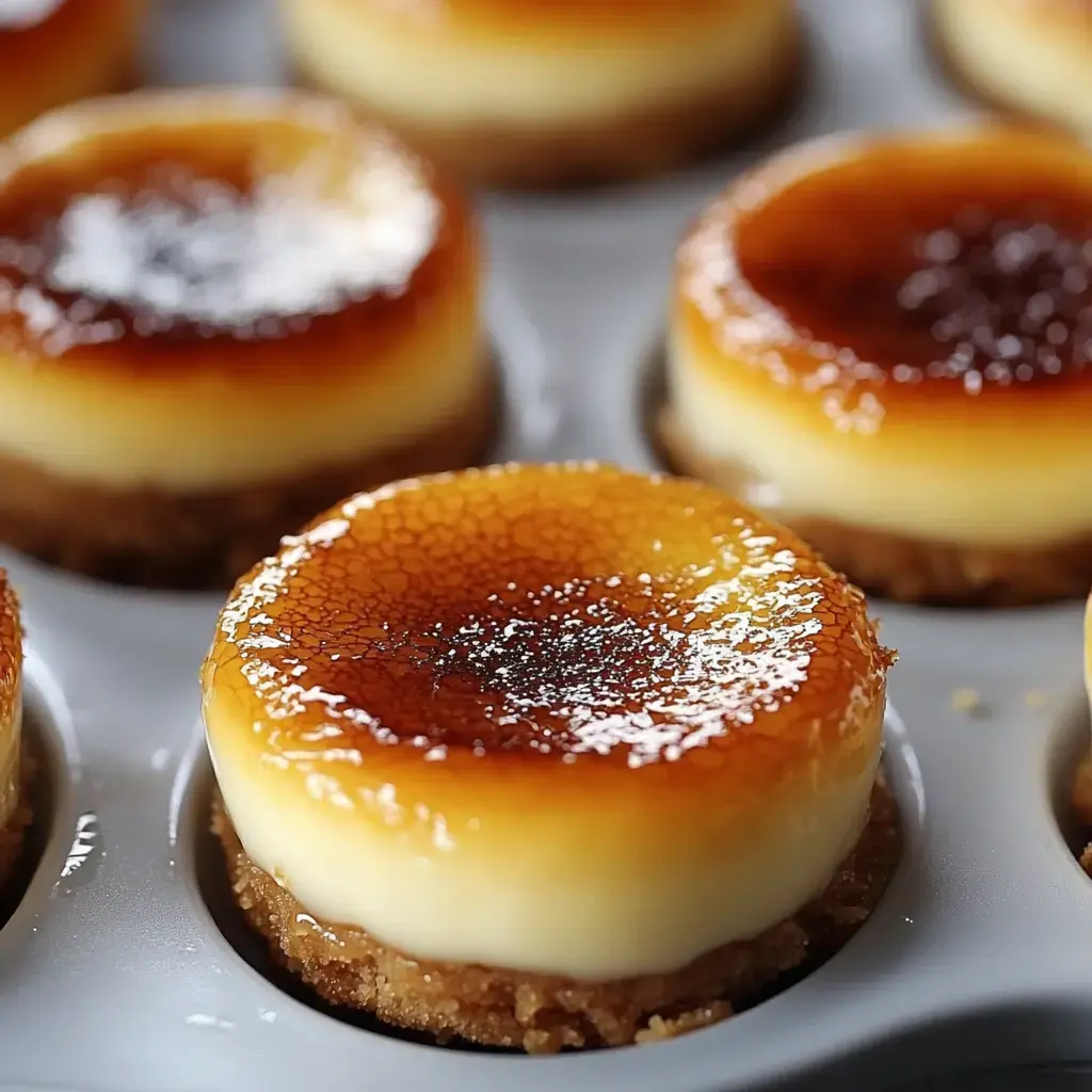 Zoomed-in shot of single-serve desserts with burnt sugar on top, soft custard in the middle, and crumbly graham crust underneath.