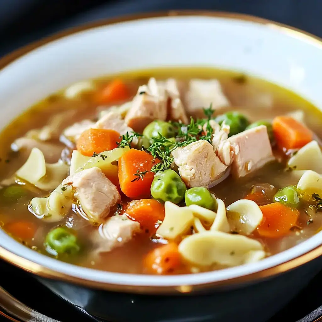 Warm bowl of noodle soup loaded with chicken, carrots, peas, pasta, and fresh herbs in a yummy broth.
