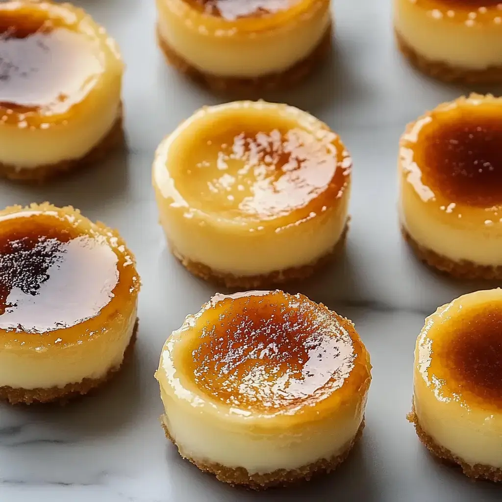 Close-up of mini custard treats with caramel tops and graham bases lined up on marble. Crunchy, creamy, and cute.