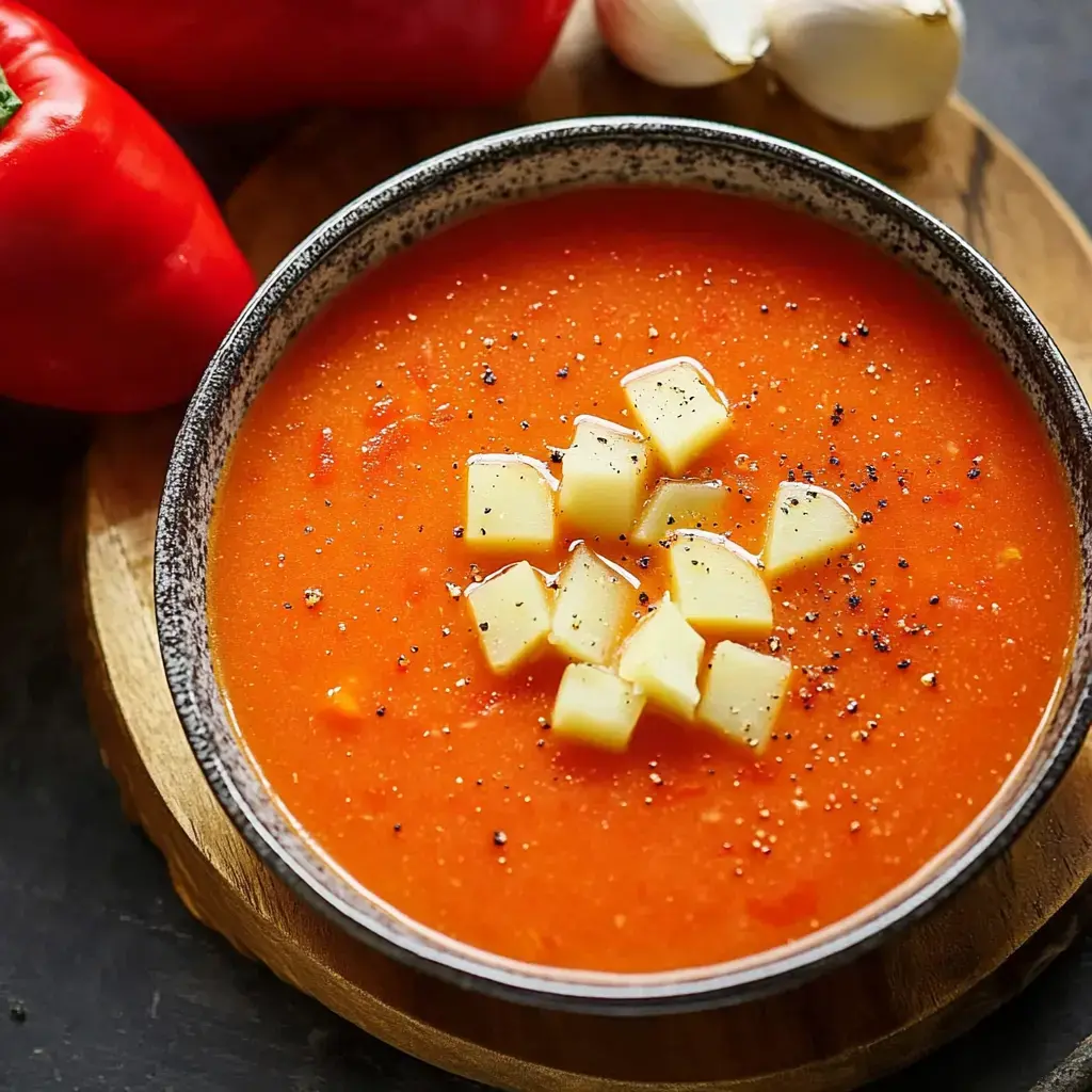 A smooth bowl of tomato-like soup dotted with potato cubes, next to red peppers and garlic.
