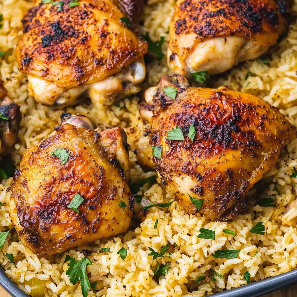 Golden-brown, perfectly seasoned chicken thighs settling over soft rice, finished with a sprinkle of fresh parsley.