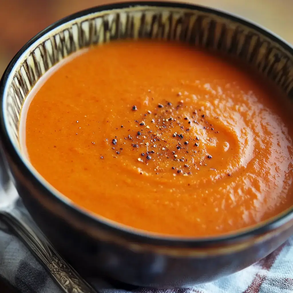 A bright orange creamy soup topped with ground black pepper sits on a textured table surface.