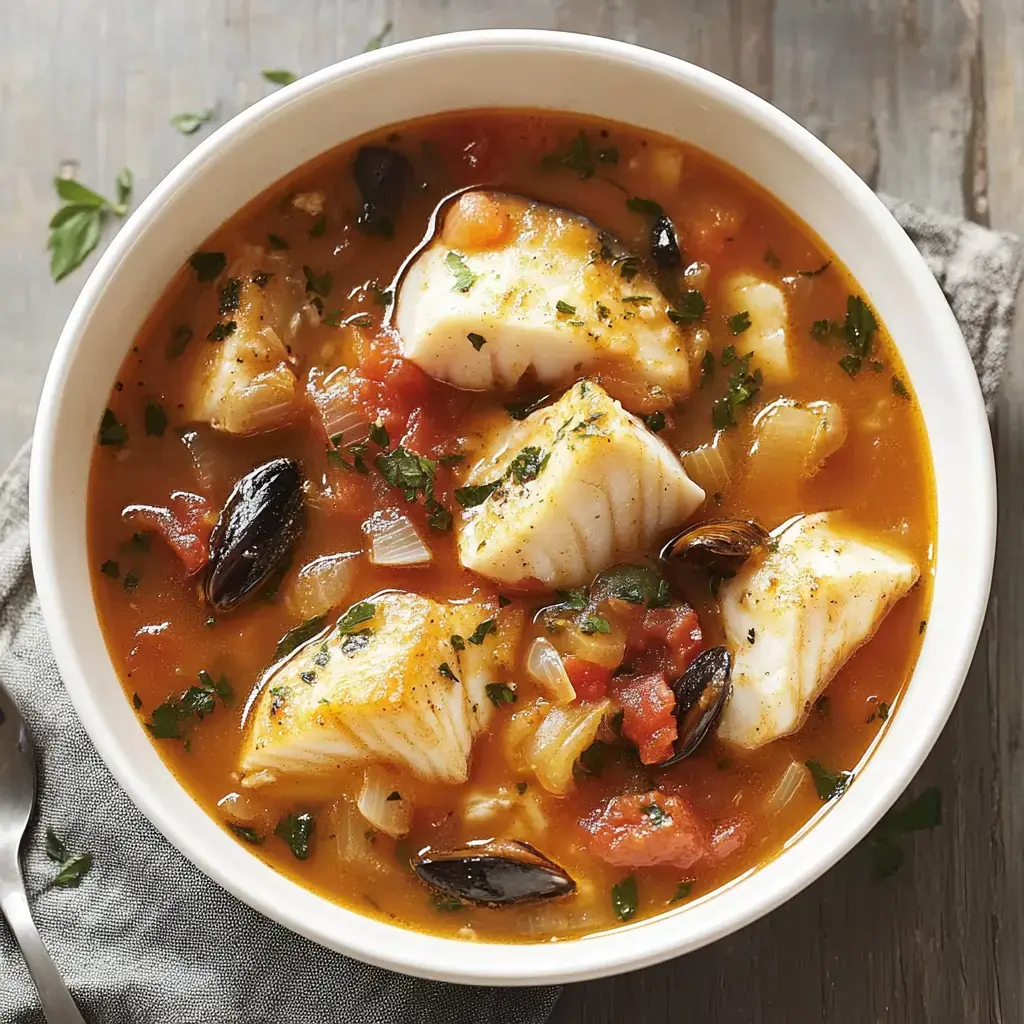Big bowl of stew showing white fish, tomatoes, mussels, and topped with fresh herbs.