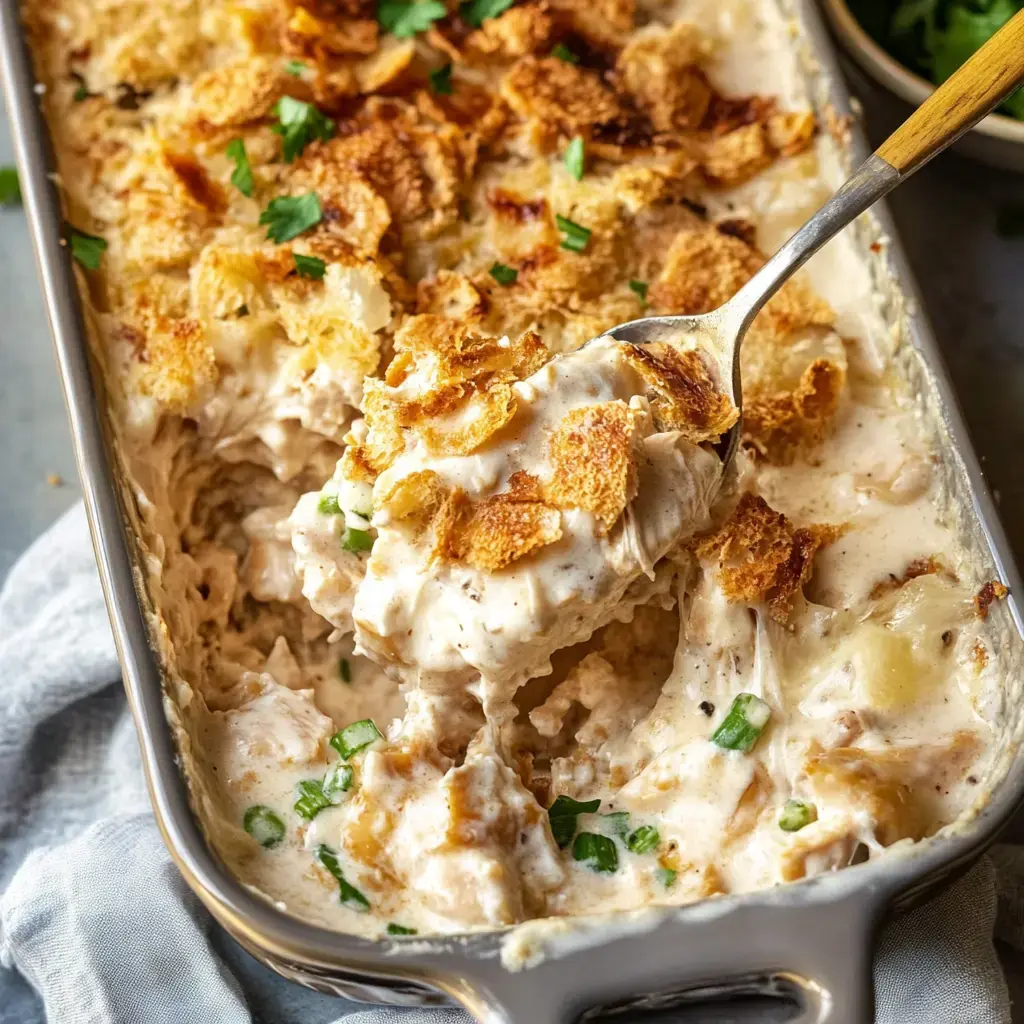 A serving of rich, cheesy chicken bake topped with crisp browned crumbs and diced green onions.