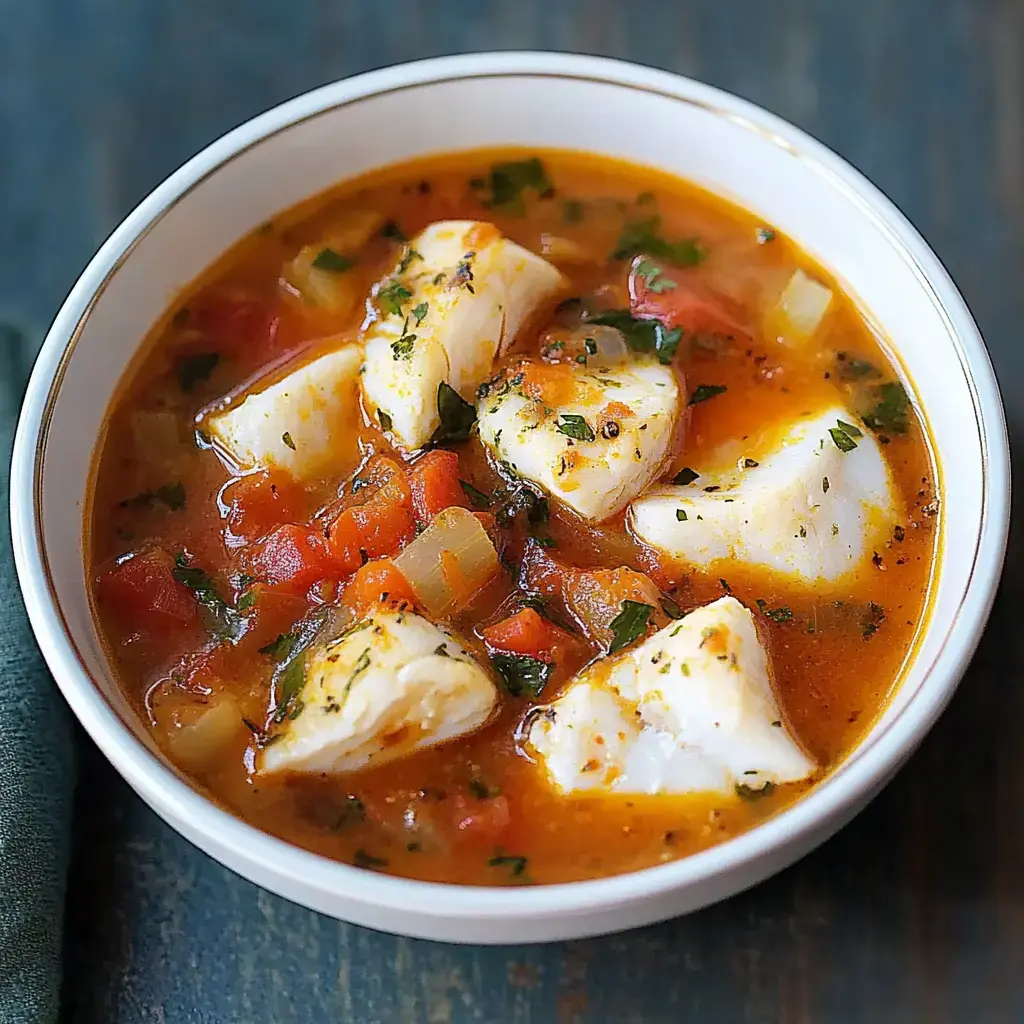 Shallow bowl full of fish stew, tomato pieces, and herbs in a cozy broth.