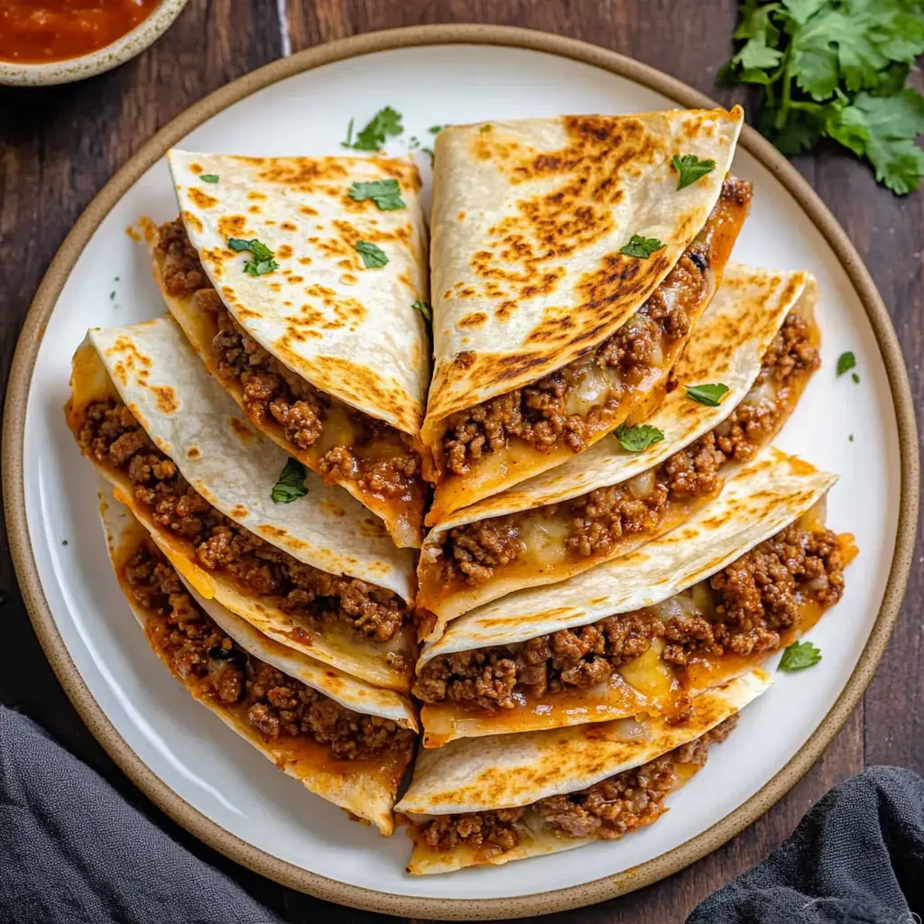 A plate stacked with golden quesadillas filled with cheesy beef, topped with fresh cilantro, ready to eat.