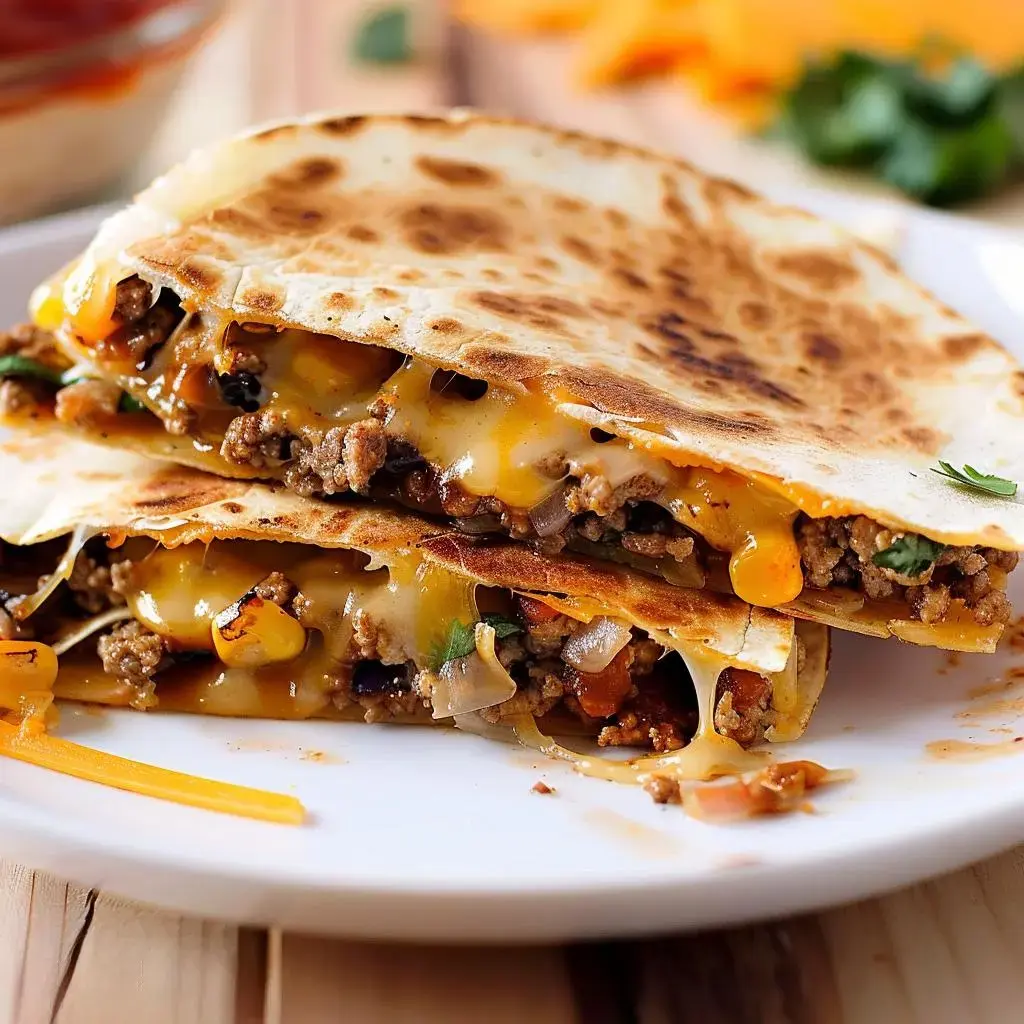 A white plate stacked with quesadillas, each stuffed with melty cheese, beef, peppers, and all the good stuff.