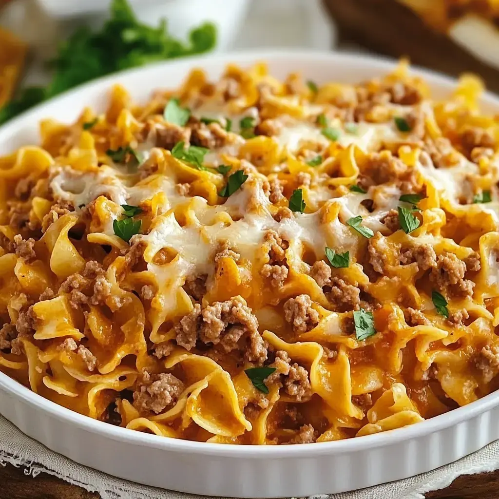 Egg noodles baked with ground beef and gooey melted cheese, finished with a sprinkle of parsley.