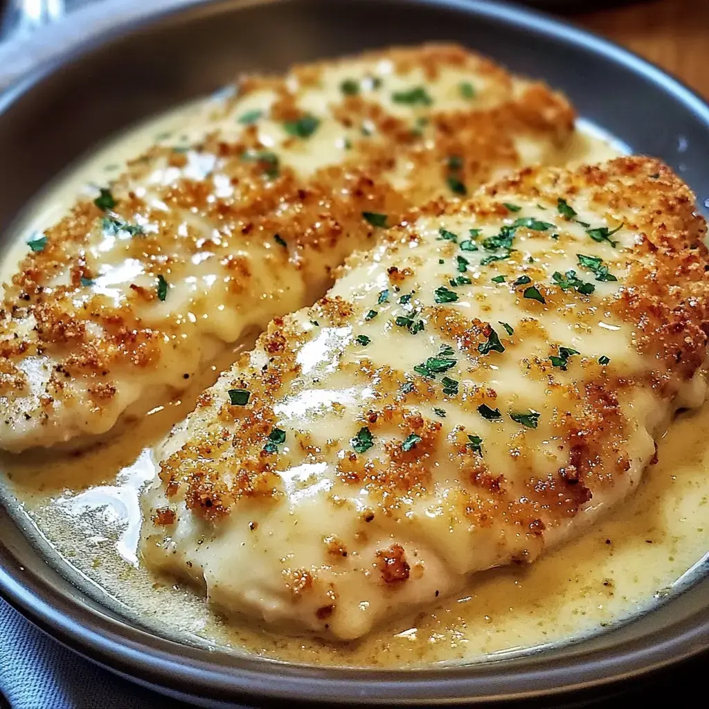 Close-up: two crispy-edged breaded fish fillets with creamy sauce and fresh parsley, all in a gray dish.