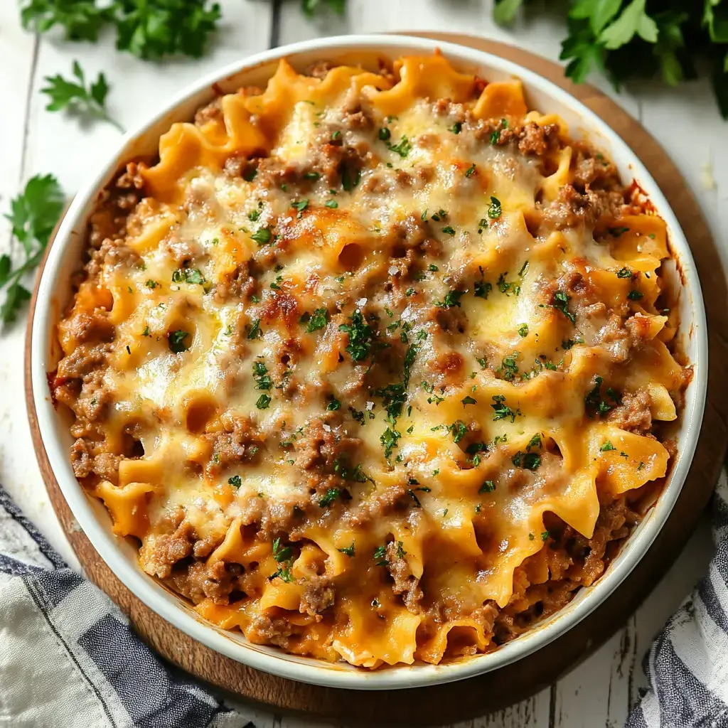 Noodles layered with ground beef and cheese, baked golden and finished with parsley.
