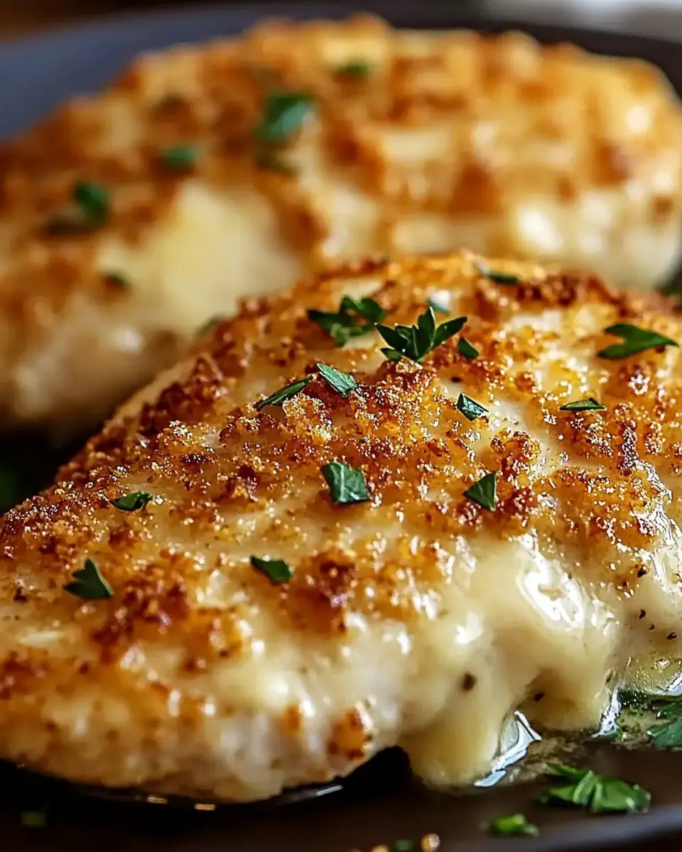 Close-up: two crispy breaded fish fillets with parsley on a dark plate.