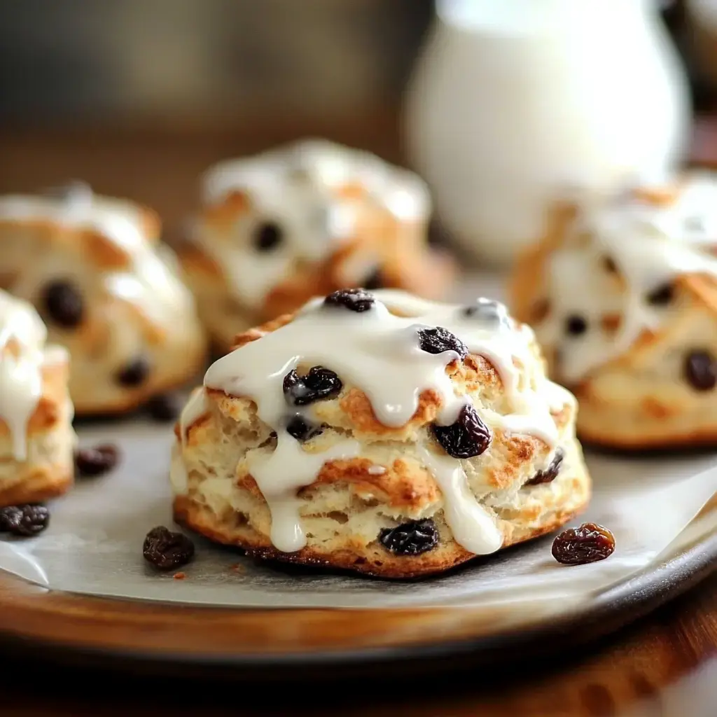 Golden scones loaded with raisins and covered in shiny glaze on a wooden board close up.