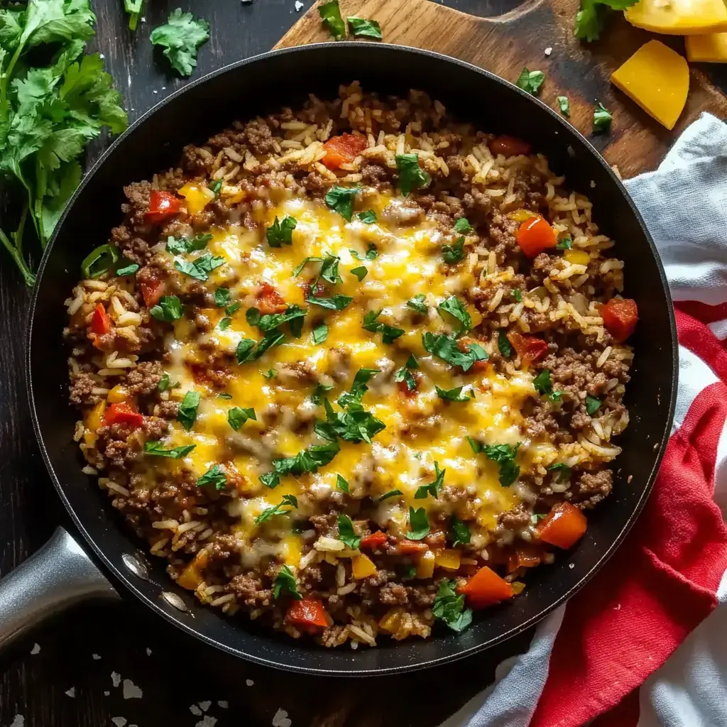 Skillet packed with ground beef, rice, melty cheese, peppers, and a sprinkle of herbs.