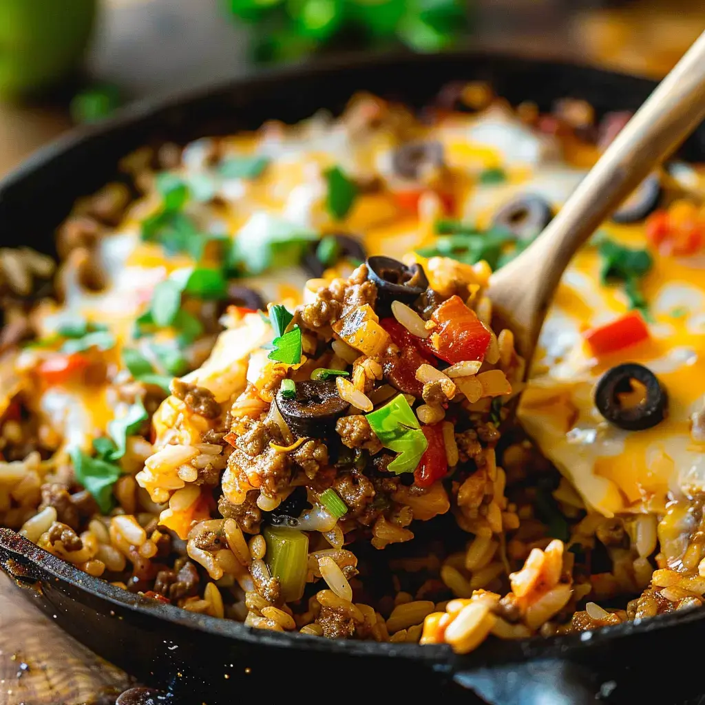 Close-up of a skillet loaded with ground meat, rice, tomatoes, cheese, olives, and lots of fresh herbs.