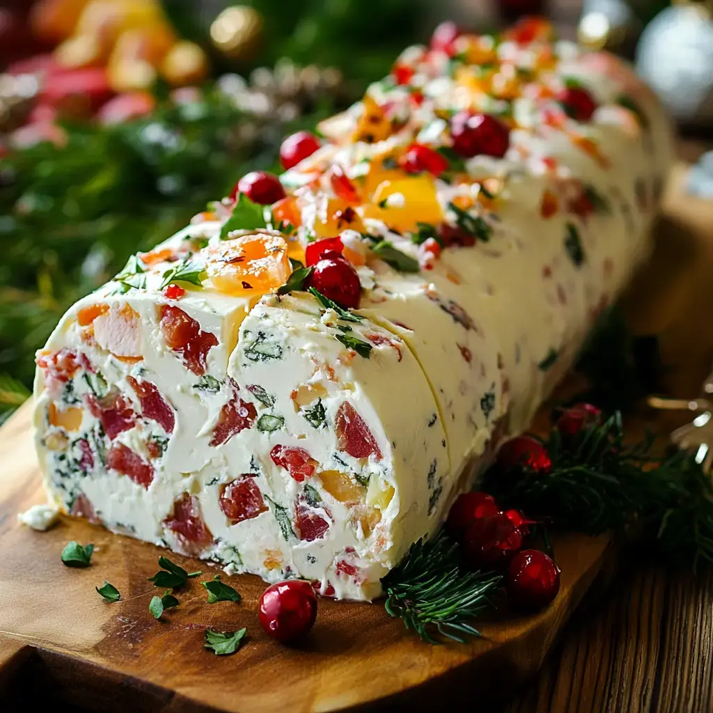 A wooden board featuring a herb-coated cheese log garnished with cranberries and festive greenery for holiday entertaining.