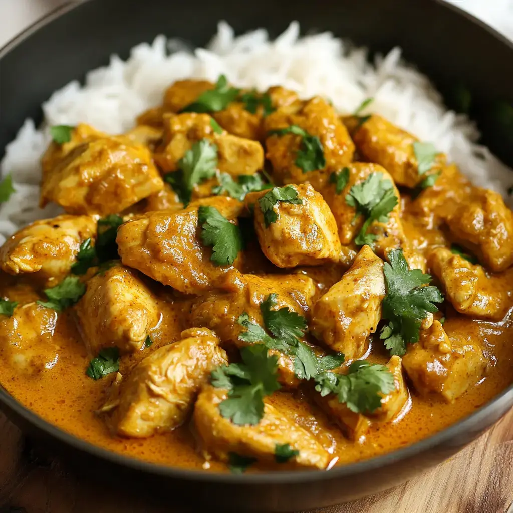 Chicken curry piled on soft white rice with cilantro on top.