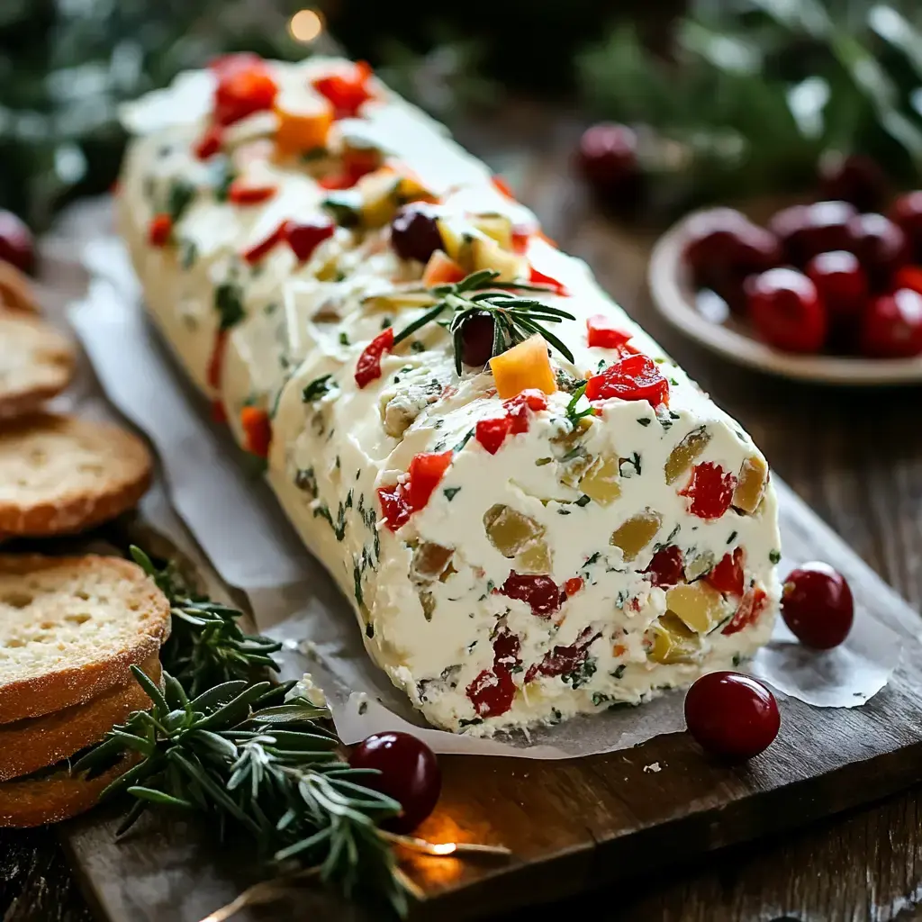 Appetizer featuring a herb-covered cheese log surrounded by colorful chopped vegetables and toast points for serving.