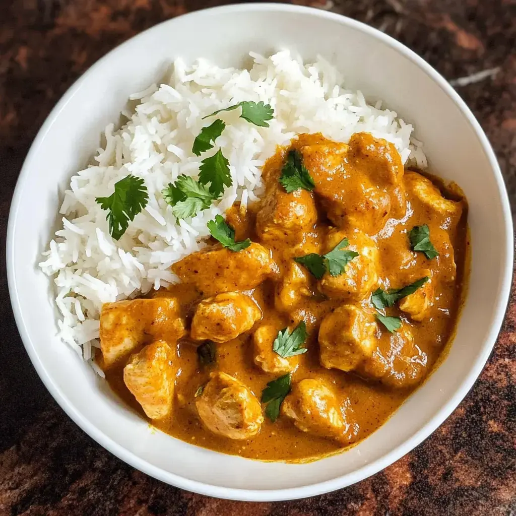 White rice and chicken in creamy orange curry with cilantro on top.