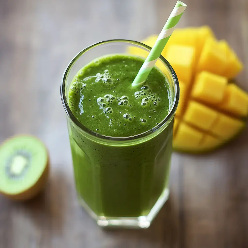 A smoothie in a tall glass with a striped straw, kiwi halves and chunks of mango sitting in the background, all looking super fresh and inviting.