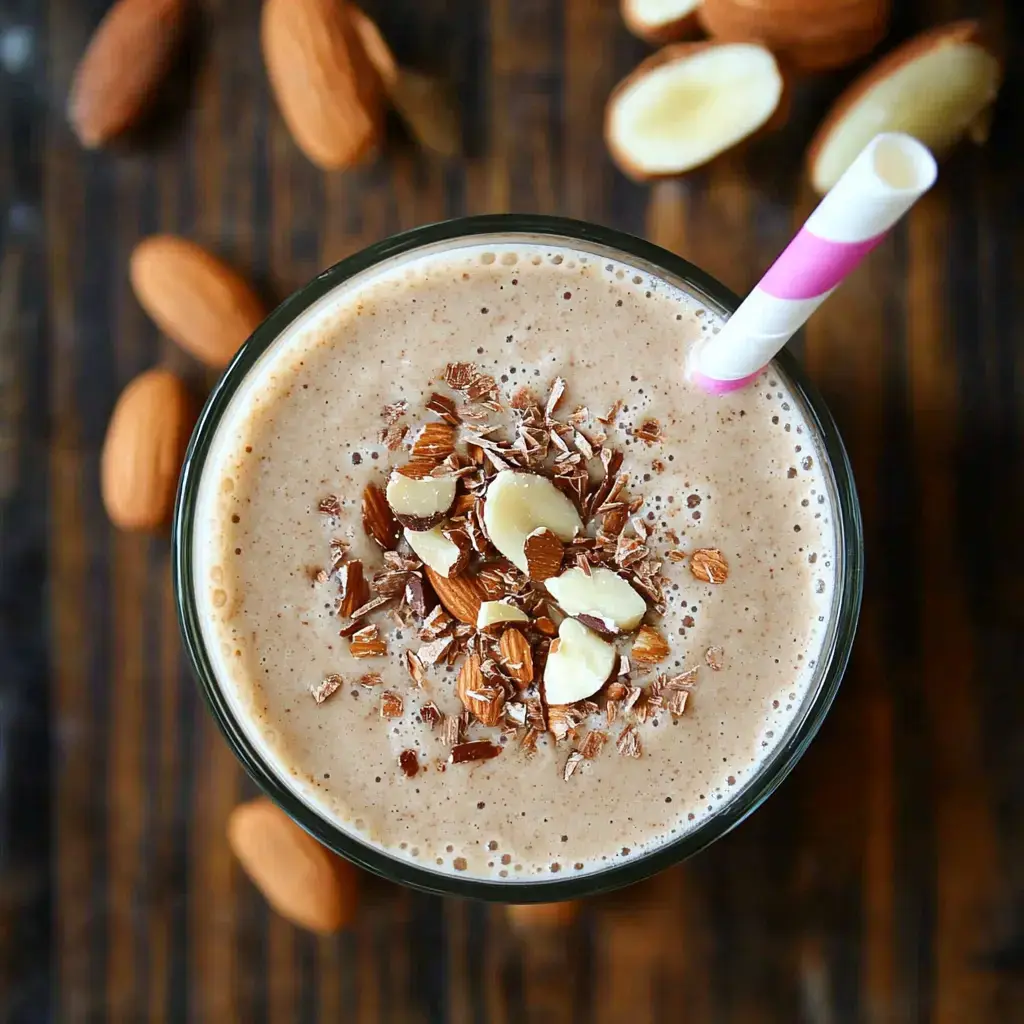 From above: a creamy smoothie topped with almond slices and chocolate shreds with almonds scattered around on wood.