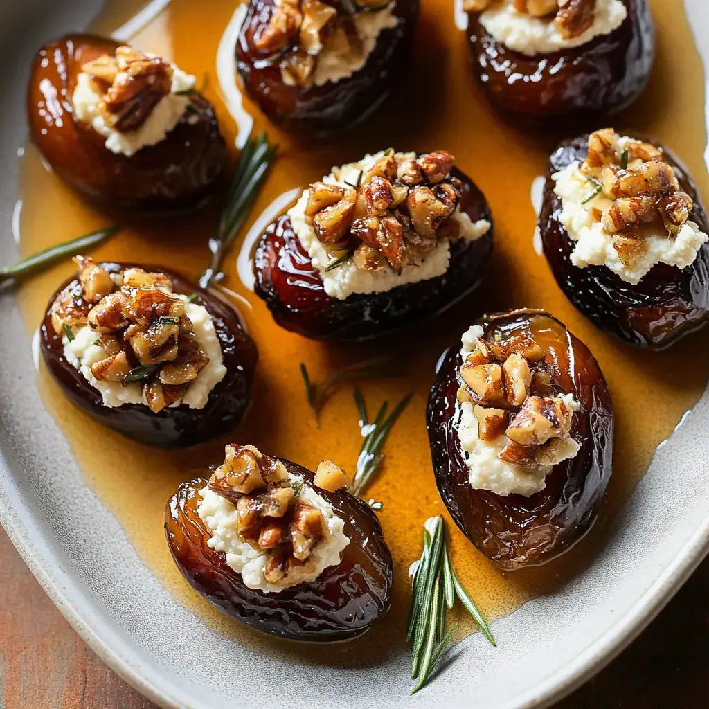 Stuffed dates with creamy filling and nut topping on a dish, sprinkled with herbs and a hint of sticky syrup.