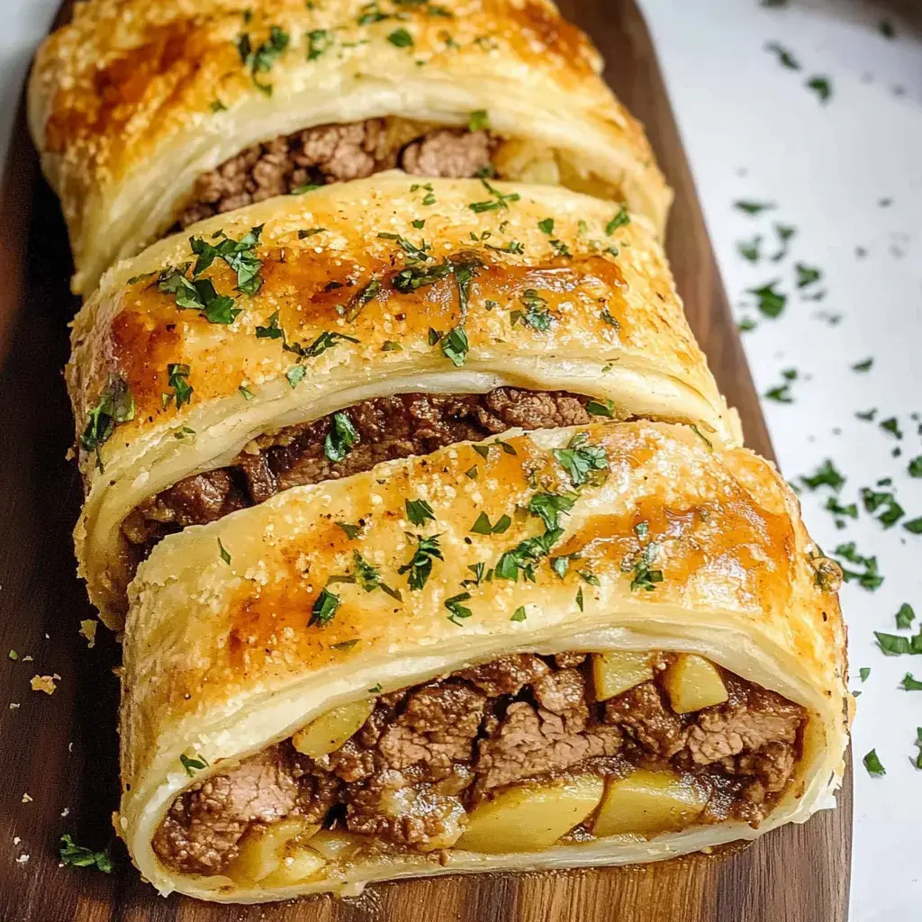 Three golden potato rolls stuffed with meat and apples on a wooden board, topped with chopped parsley.