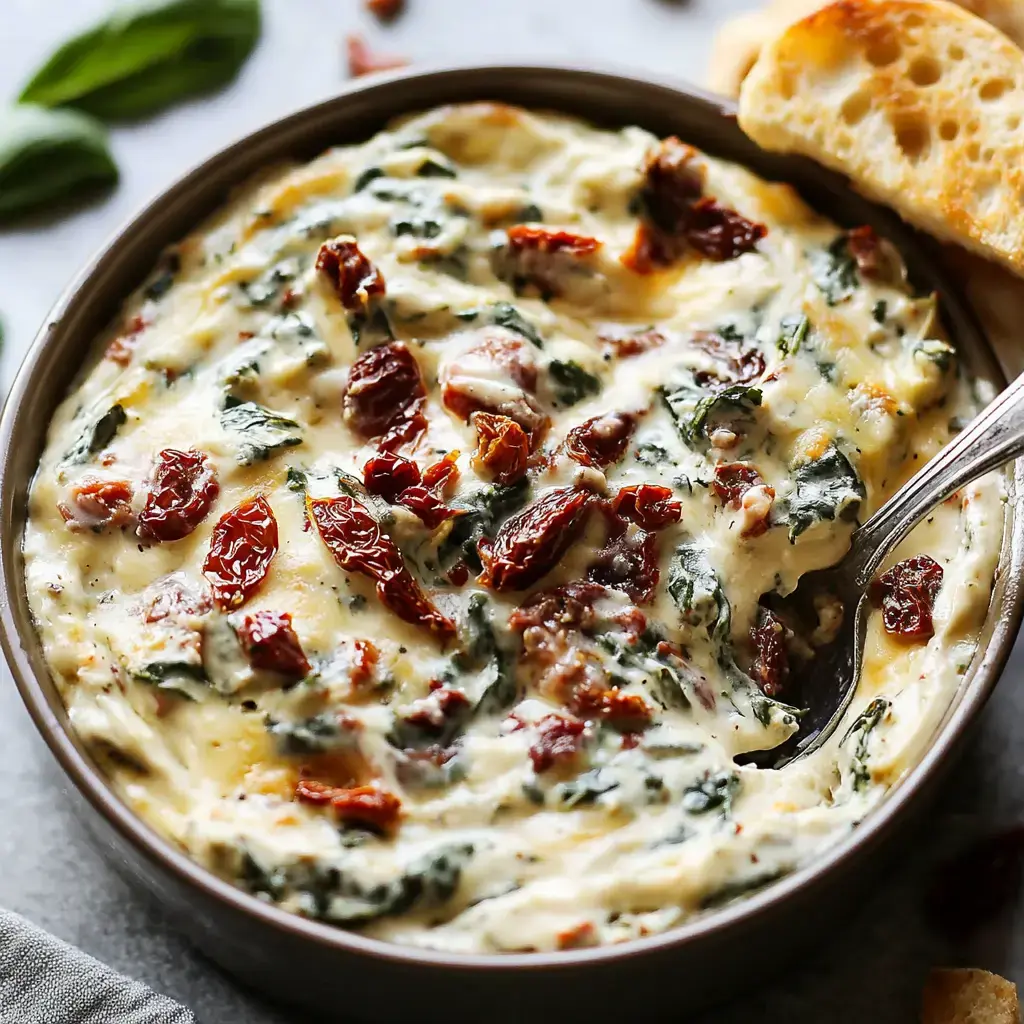 Spinach and sun-dried tomato dip that’s rich and cheesy sits in a bowl with a piece of bread nearby.