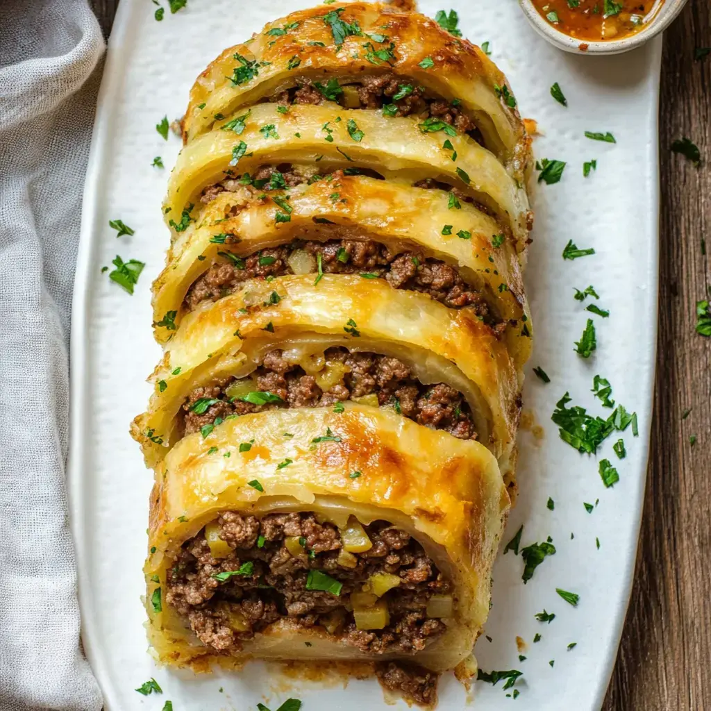 A crispy pastry roll packed with tasty ground beef and a parsley sprinkle, served on a white plate with a bowl of dipping sauce on the side.