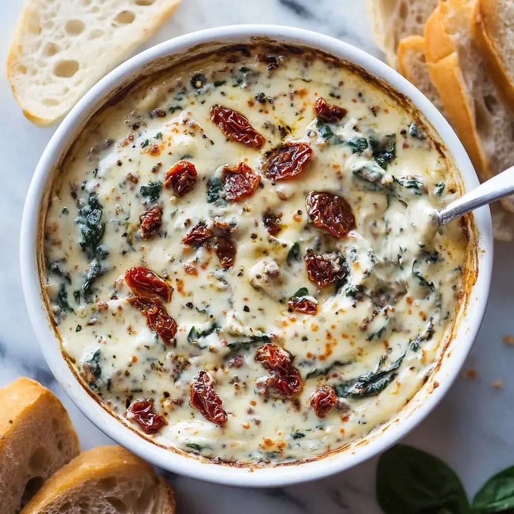 Bowl of oozy sun-dried tomato spinach dip with slices of bread on the side, ready for snacking.