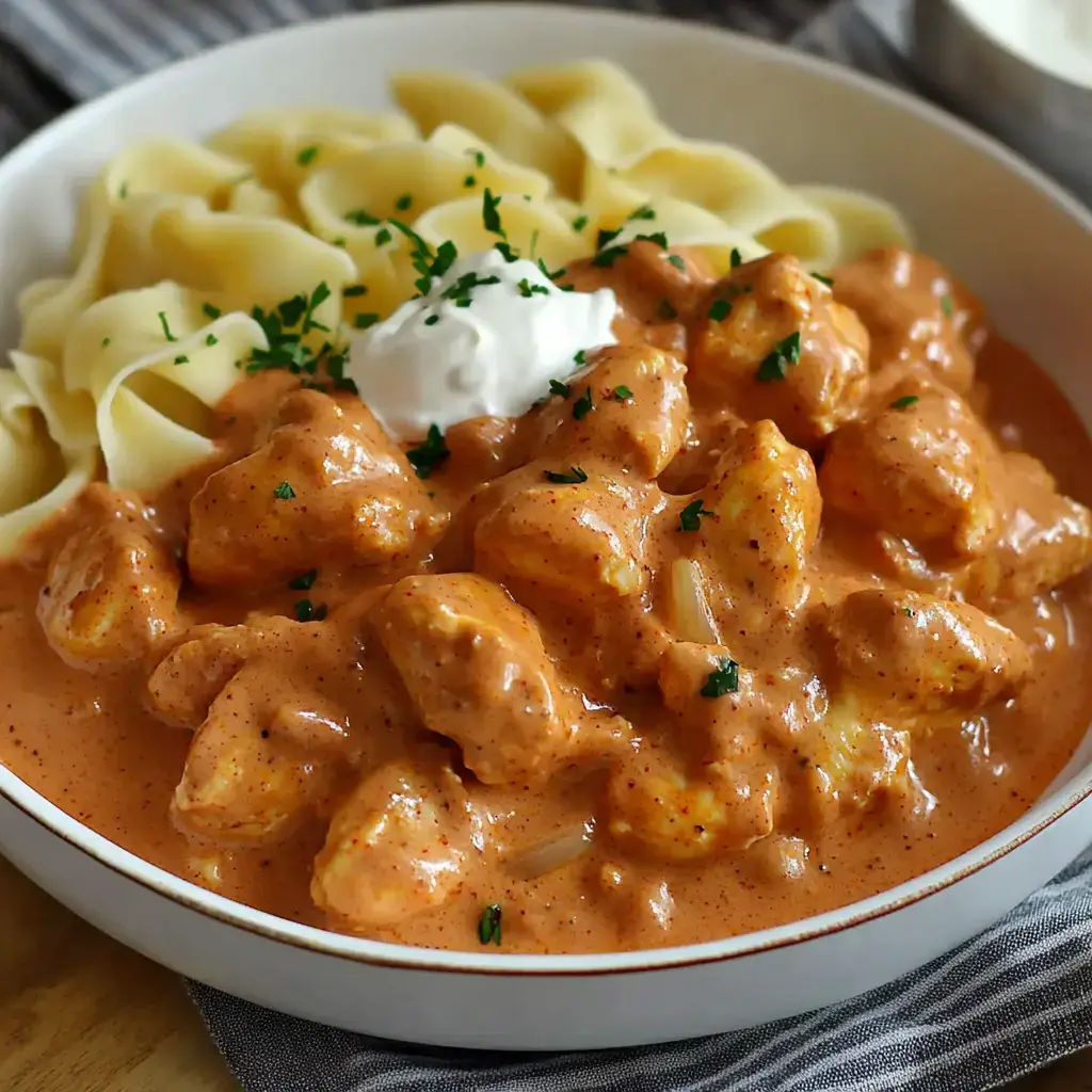 A bowl piled with creamy chicken, herbs, egg noodles, and sour cream on top.