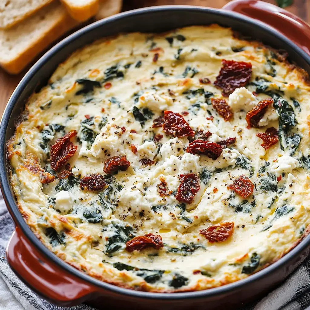 Baked dip packed with sun-dried tomatoes and spinach, finished with bits of cheese and served with bread slices nearby.
