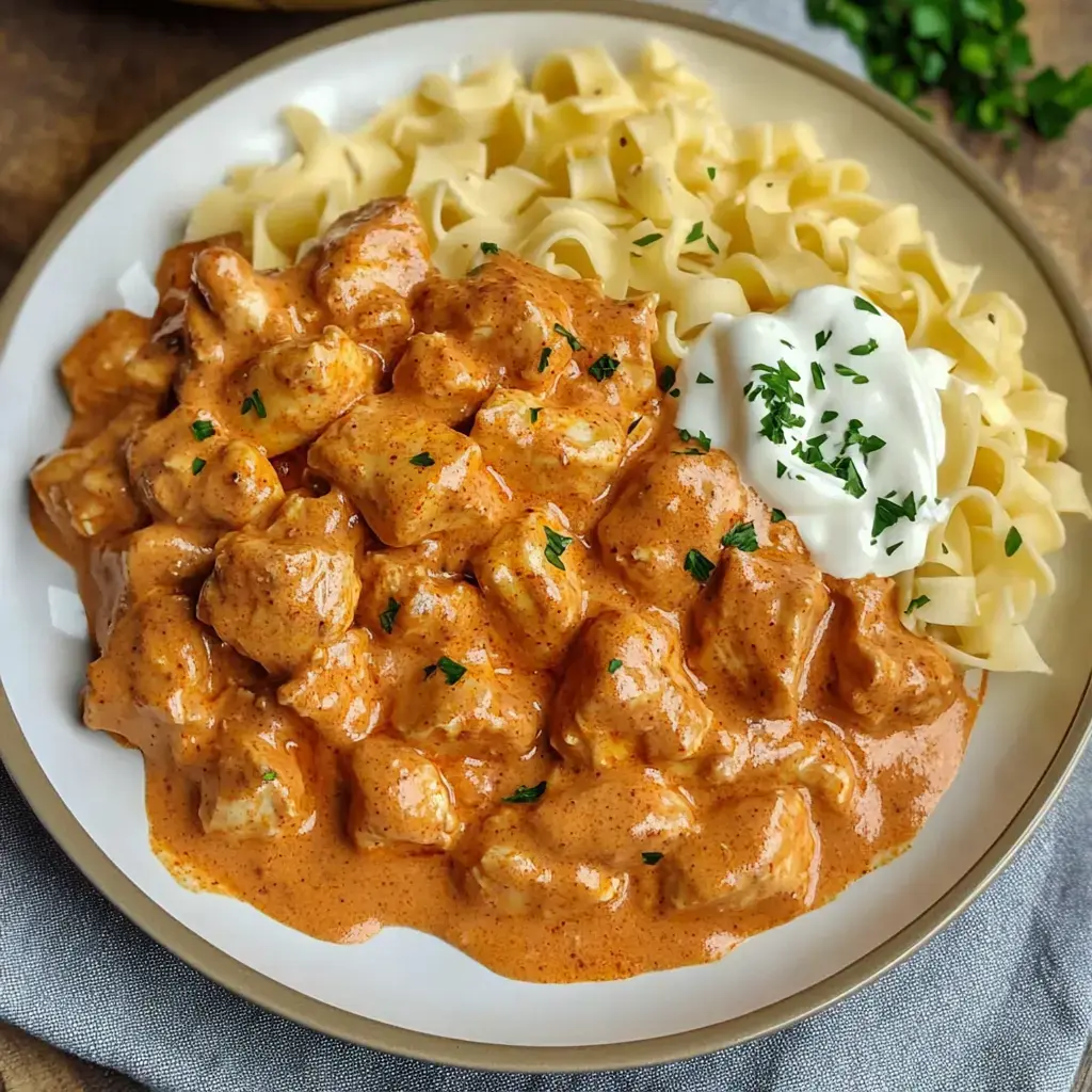 Creamy chicken with egg noodles, a dollop of sour cream, and fresh parsley on a plate.