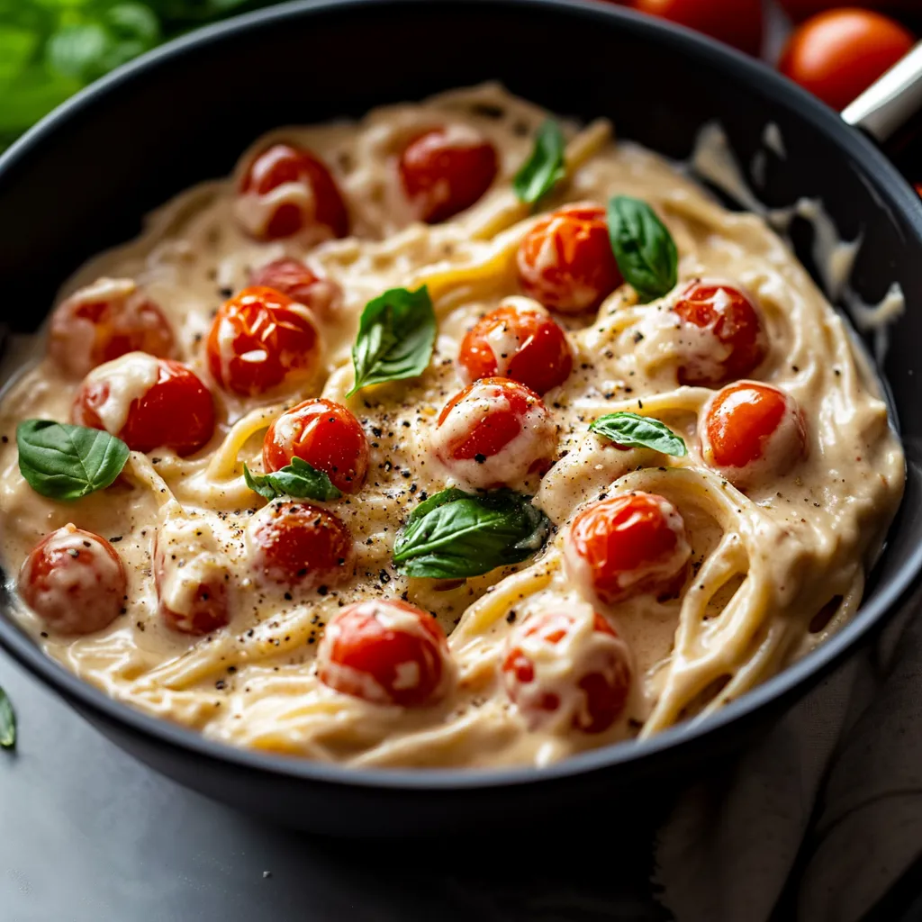 Creamy tahini-coated pasta with burst cherry tomatoes on top