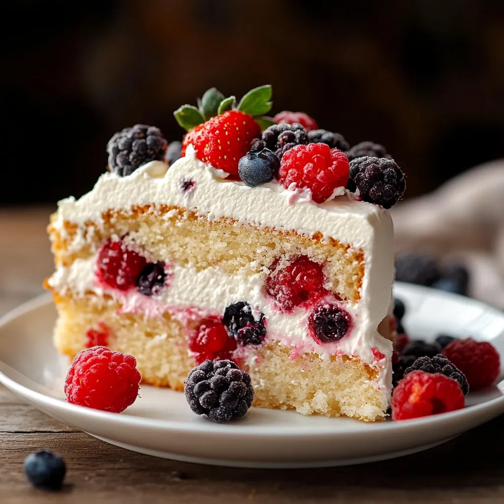 A slice of cake with berries on top.