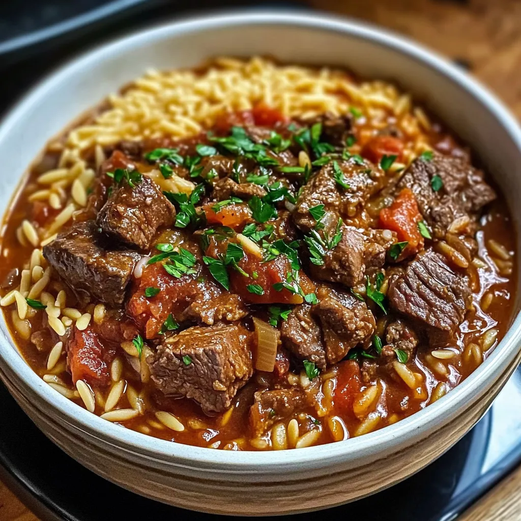 A bowl of beef stew with noodles and vegetables.