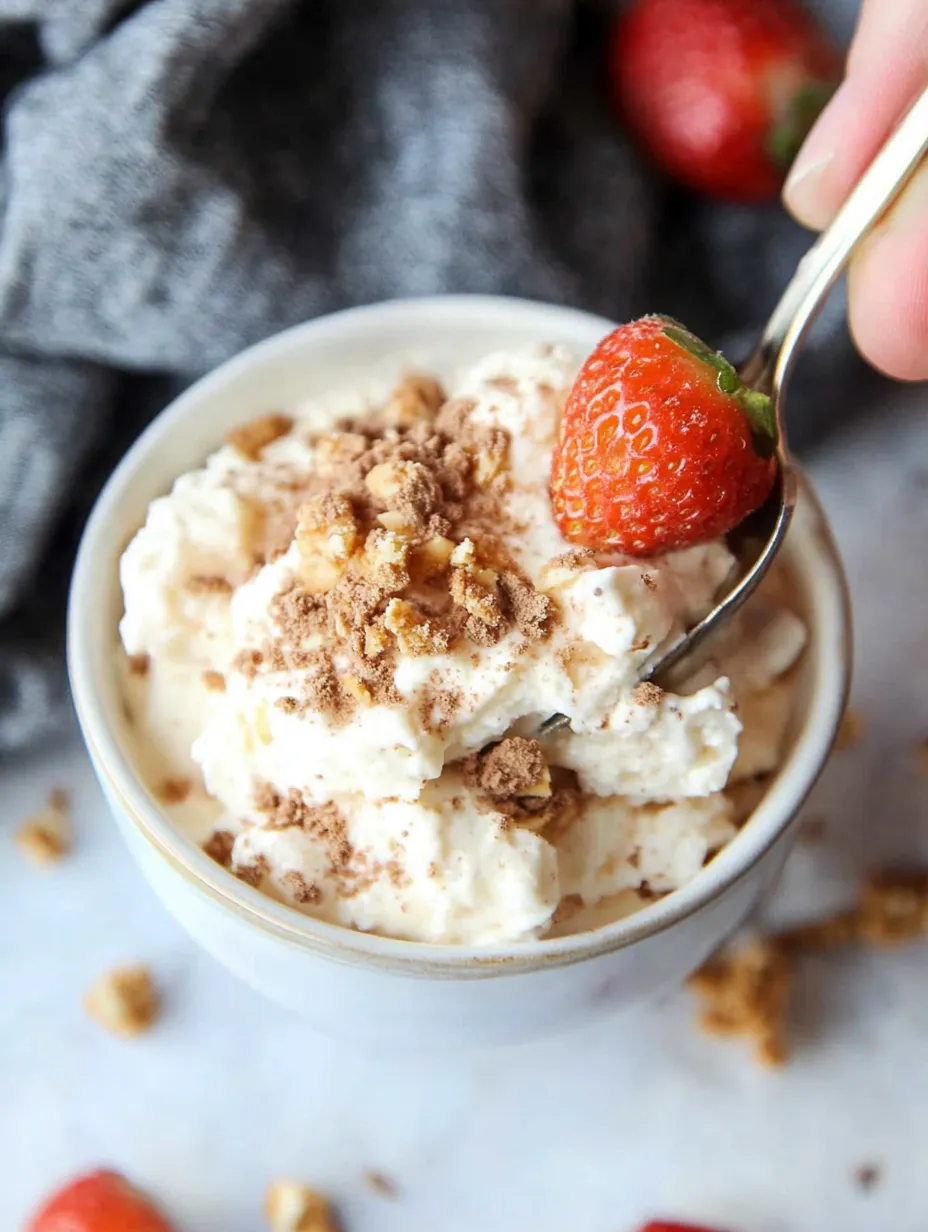 Someone enjoying a bowl of creamy dessert topped with fresh strawberries.