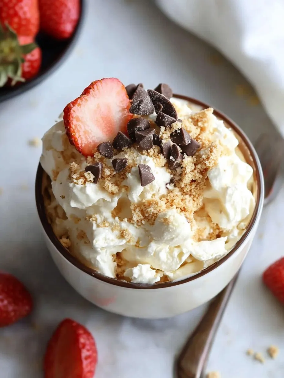 Creamy dessert bowl sprinkled with chocolate bits and topped with fresh strawberries.