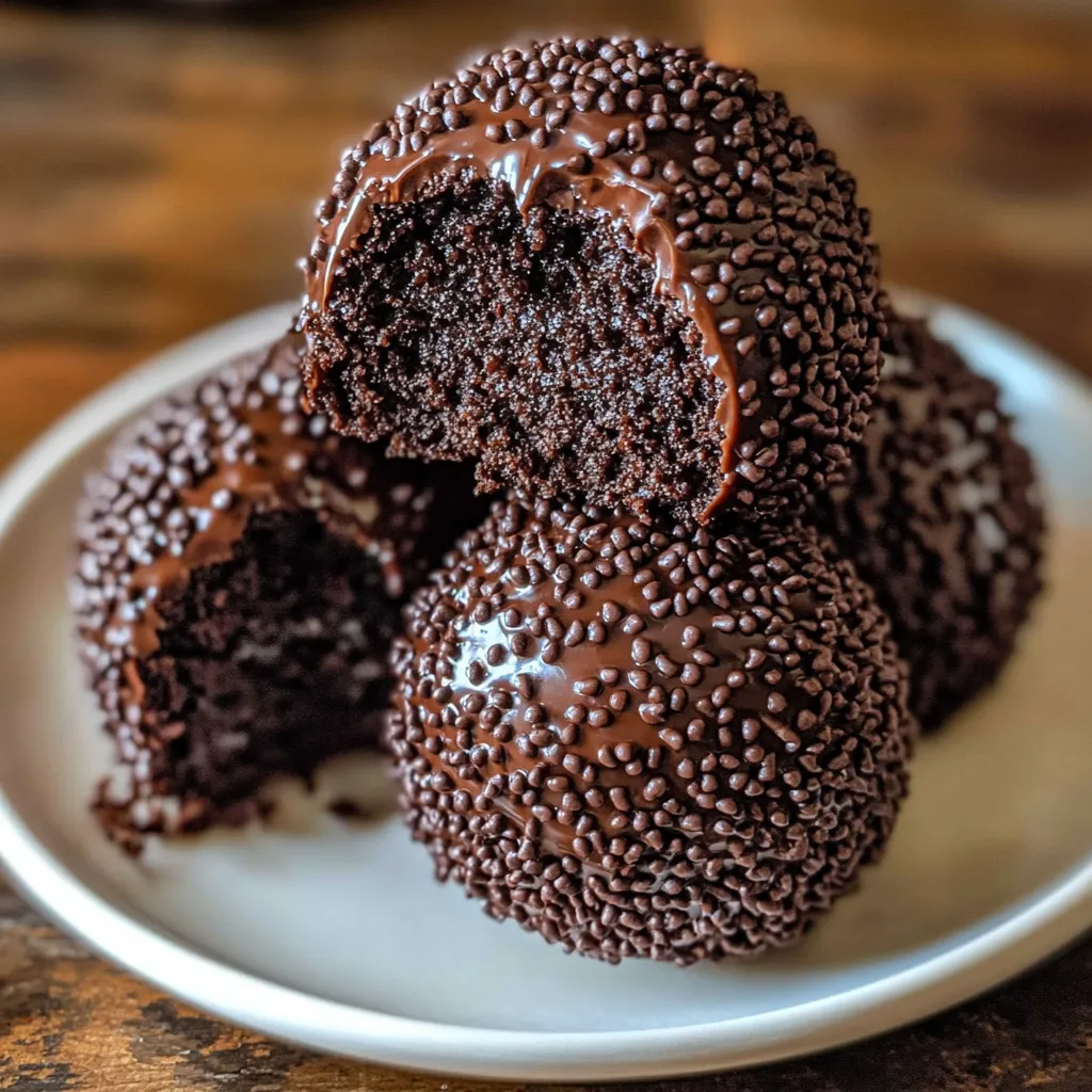 A plate with chocolate balls on it.