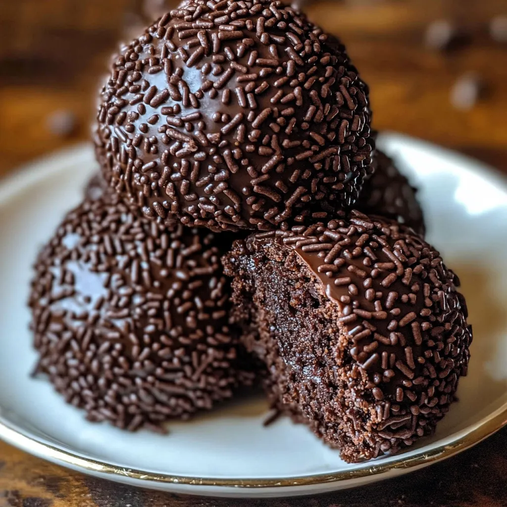 Chocolate cake topped with chocolate sprinkles on a serving plate.