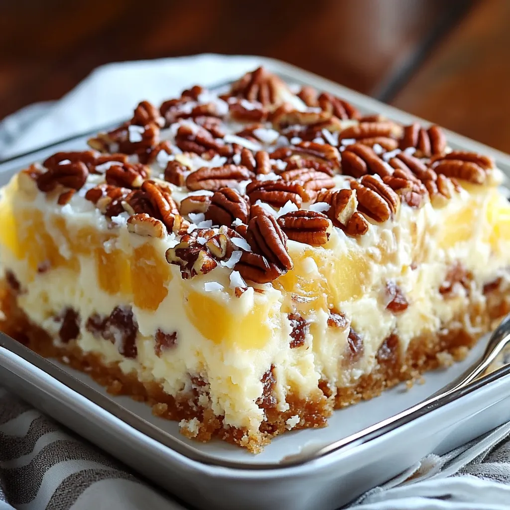 A square piece of cake with a white frosting and nuts on top.