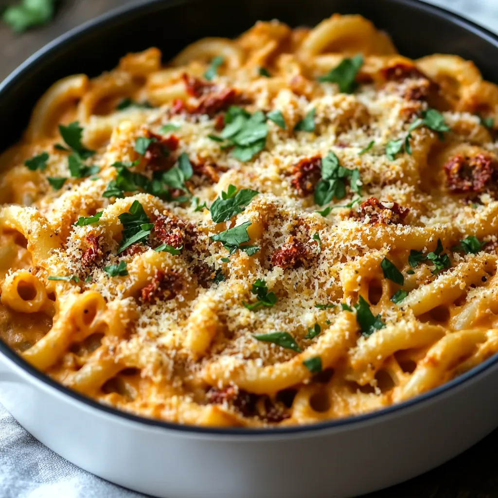 A bowl of macaroni and cheese with green herbs on top.