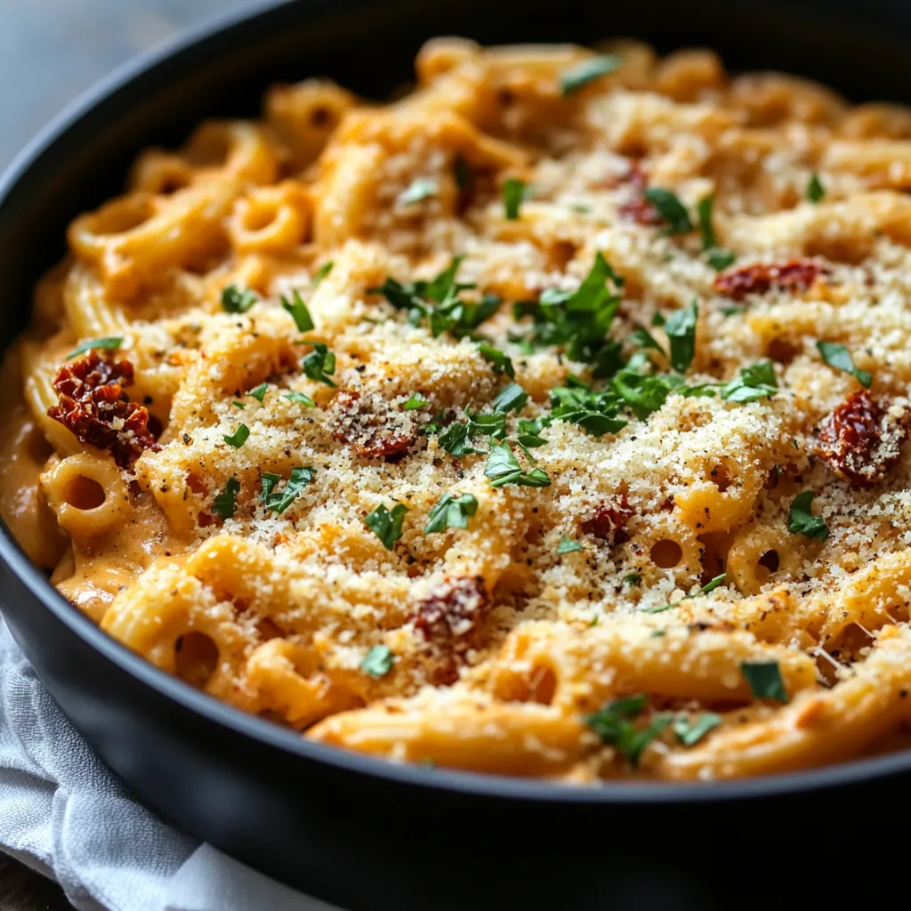 A bowl of pasta with cheese and herbs.