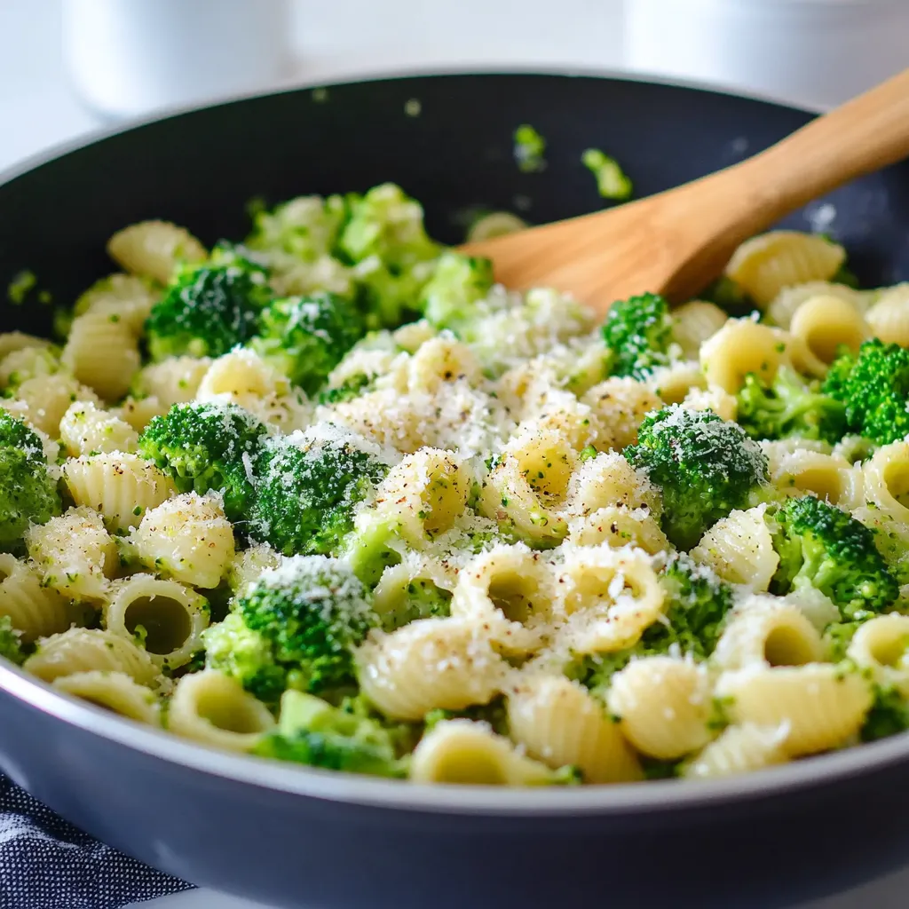 A bowl of pasta with broccoli and cheese.