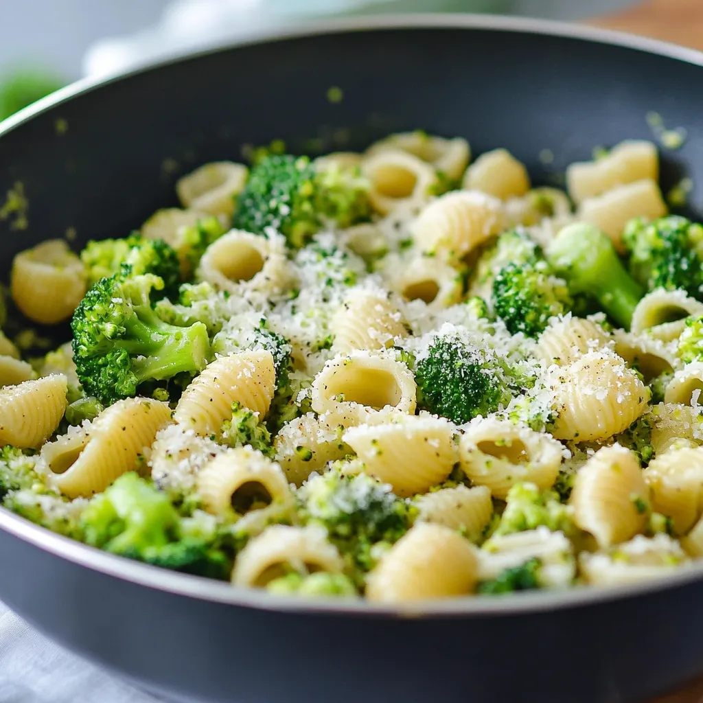 A bowl of pasta with broccoli and cheese.