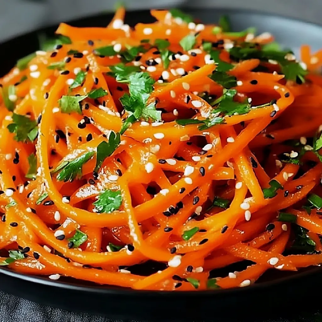 A plate of food with carrots and black sesame seeds.